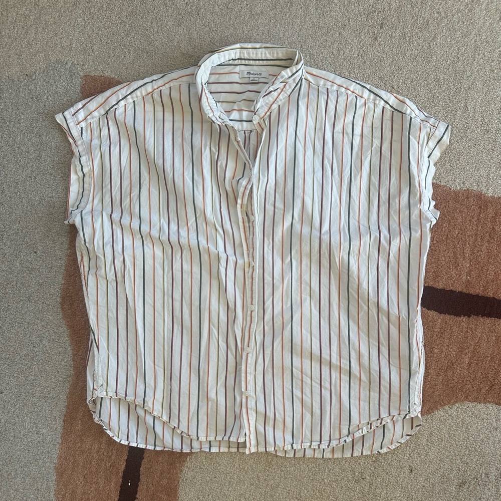 NWOT Madewell White Striped Cotton Button Down Shirt Collar Blouse Colorful XL